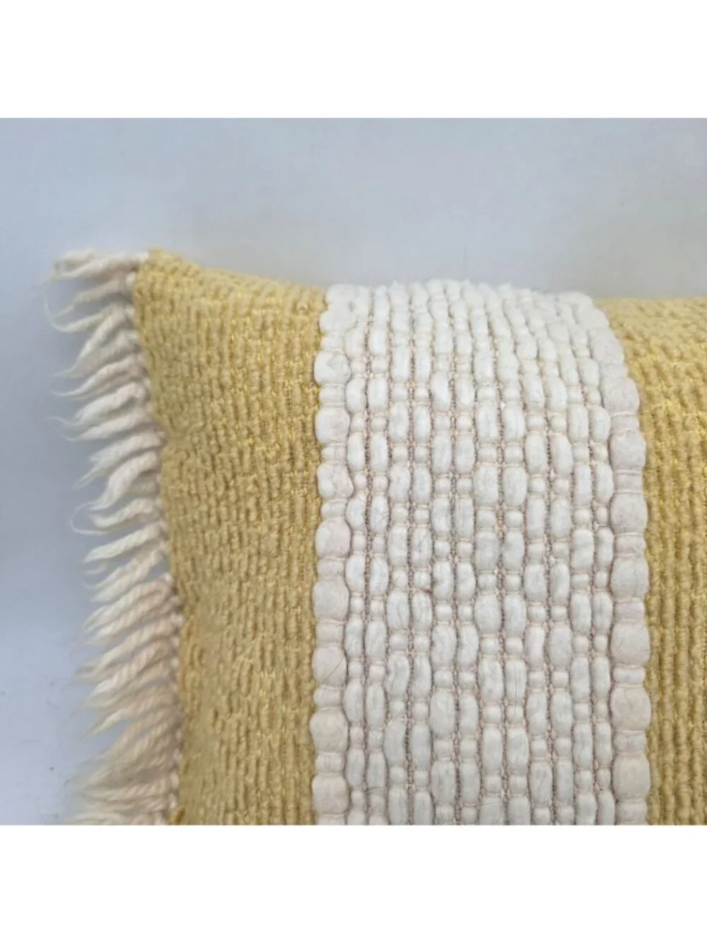 MCM 1960 Yellow & Cream Striped Woven Throw Pillow Fringe Accents 22